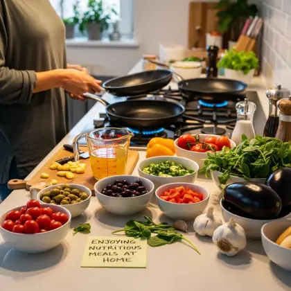 In a bright kitchen, a woman prepares a veggie-packed meal—embracing healthy cooking as a joyful act of self-care.