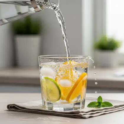 In a sunlit kitchen, a person drinks fruit-infused water with a smile—hydrating mindfully to fuel health and energy.