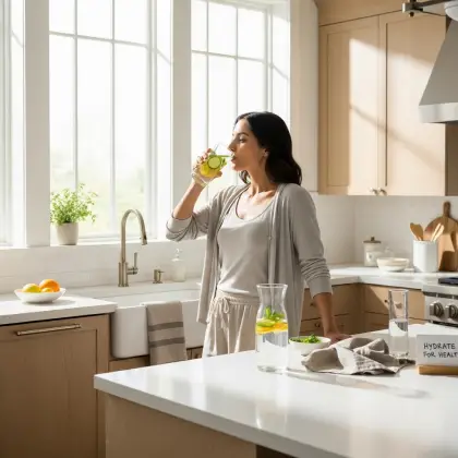 A clear glass of water is poured over ice, catching the light—simple hydration that refreshes and revitalizes.