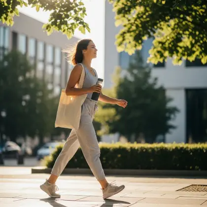A person in activewear walks outdoors under sunlit trees, drink in hand—making movement a natural part of daily life.