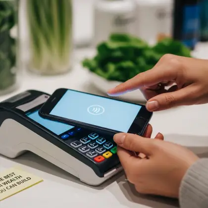 A contactless payment is made by phone beside fresh produce—choosing nutritious food as a step toward lasting wellness.