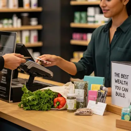 A person makes a purchase at a wellness store, selecting fresh produce and holistic items—investing in health as true wealth.