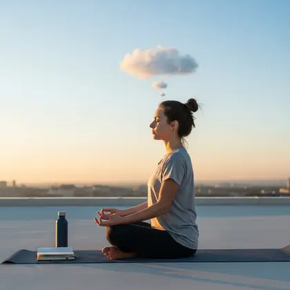 A person meditates on a rooftop at sunset, notebook and water nearby—finding joyful stillness through mindful movement.