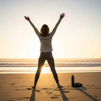 Arms raised toward the rising sun, a person greets the day on the beach—movement fueled by joy and peaceful energy.