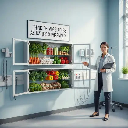 A doctor stands beside fresh produce and a sign that reads 'Think of vegetables as nature's pharmacy'—food as medicine.