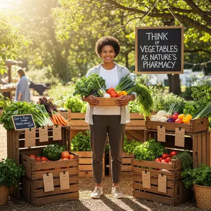 A person holds a basket of fresh produce at a veggie stand with a sign reading 'Think of Vegetables as Nature's Pharmacy.'