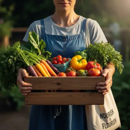 A person holds a crate of vibrant vegetables beside a 'Nourish to Flourish' bag—harvesting health and wholesome joy.