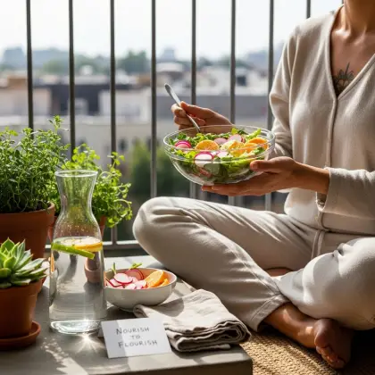 A person enjoys a fresh salad on a leafy balcony, surrounded by plants and calm—nourishment in its most vibrant form.