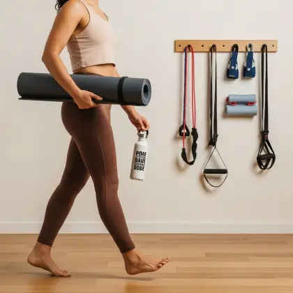 Barefoot and calm, a person carries a yoga mat and water bottle—embracing movement and mindfulness to nurture the body.