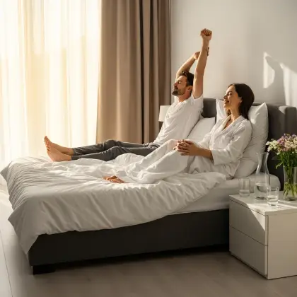 A couple in soft pajamas stretches on a sunlit bed, embracing a gentle morning and the benefits of restful sleep