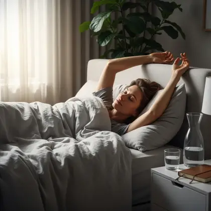 A person stretches peacefully in bed with morning light streaming in—embracing rest, hydration, and a mindful start.