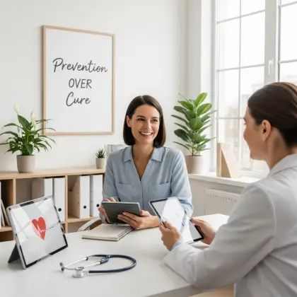 A health pro points to a screen saying “Be Proactive About Your Health” as a person takes notes—planning to stay ahead.