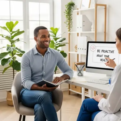 A doctor and patient talk prevention in a bright office, with a sign reading 'Prevention OVER Cure' guiding the way.