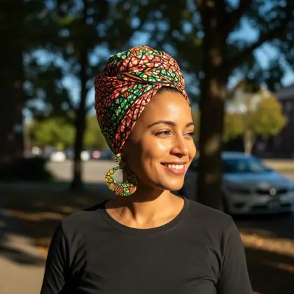 Standing in dappled sunlight with a bright headwrap and earrings, a person radiates calm confidence and joyful presence