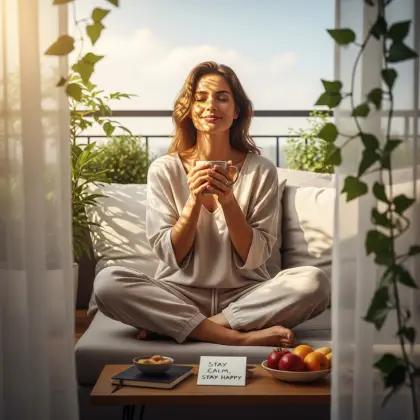 Sipping tea on a cozy couch, a person is surrounded by lush plants and calm vibes—living the mantra 'Stay Calm, Stay Happy.'