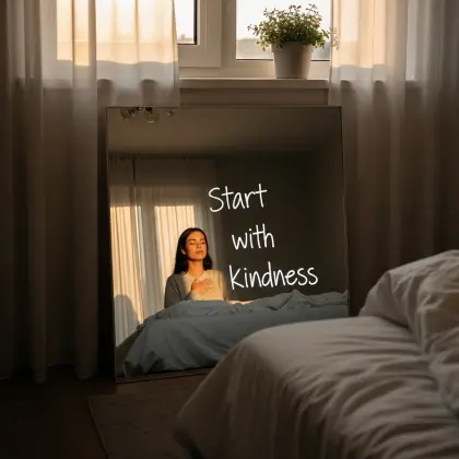 A calming image featuring the message 'Be kind,' that embodies the essence of self-kindness.