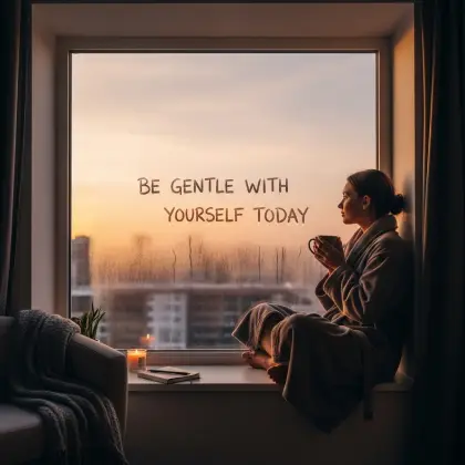 An uplifting visual featuring the message 'Be kind,' promoting self-love and positivity.