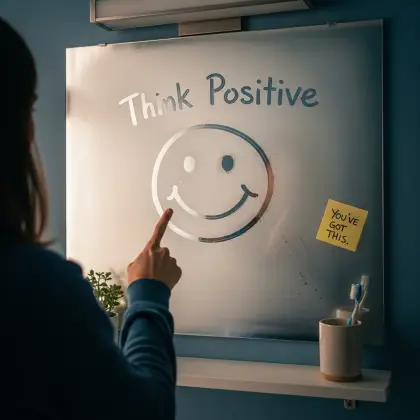 An inspiring scene featuring the message 'think positive!', promoting positivity in difficult moments.