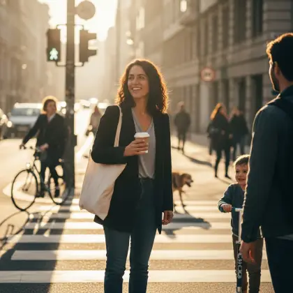 A professional woman in a business suit holds a tablet, her smile radiating positivity and confidence in the workplace.