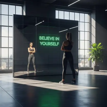 A confident woman in a suit and black shirt sits on a bench, embodying self-belief and the potential for new opportunities.