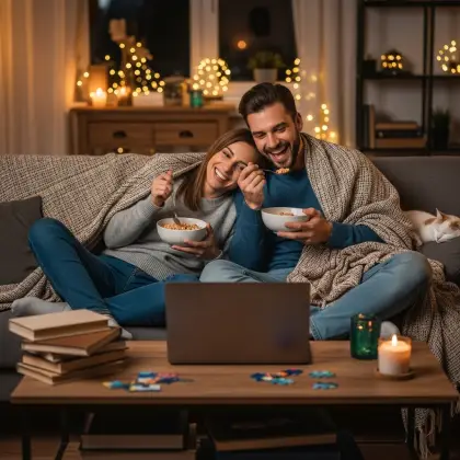 Wrapped in a blanket on the couch, two best friends share cereal, puzzles, and laughter—cozy in love and companionship.