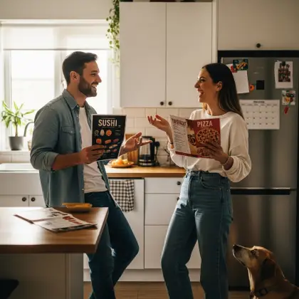 A couple in the kitchen playfully weighs sushi vs. pizza for dinner, while their dog watches—balancing fun and choice.