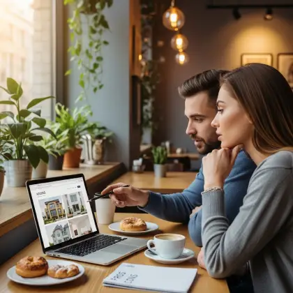 Two people browse housing options in a cozy café, balancing future planning with coffee, pastries, and calm connection