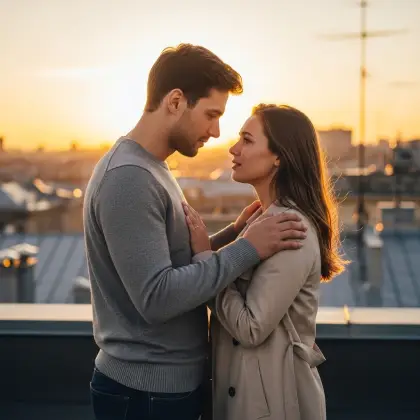 A young couple shares a warm embrace on a rooftop at sunset, representing connection and healing in their relationship.