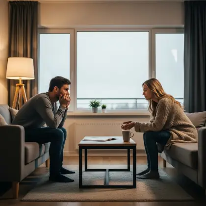 A couple engaged in a heartfelt conversation in a cozy living room, focusing on healing their relationship.