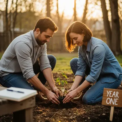 A couple plants a young tree marked 'Year One,' symbolizing their shared investment in love, growth, and new beginnings.