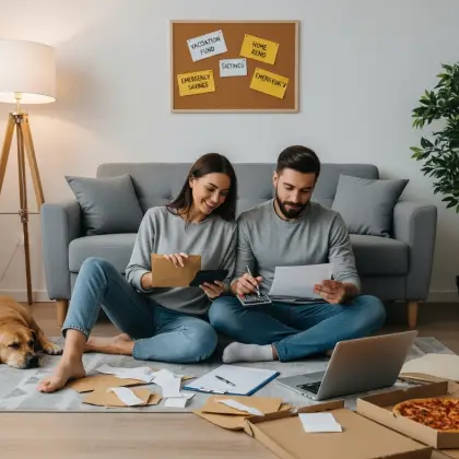 A couple sits on the floor sorting bills and budgeting with care, their dog nearby—growing love through shared goals.