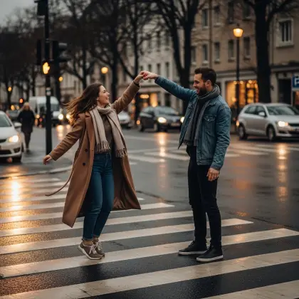 Two people dance on a city crosswalk in coats and scarves, as cars wait and buildings rise in the misty background.