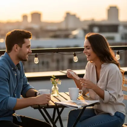 A man and woman share coffee at a table, smiling as they exchange a heartfelt card, highlighting the joy of small gestures.