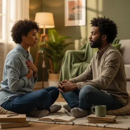 Two people sit face to face on a rug, their eyes locked in calm connection, listening deeply and without judgment.