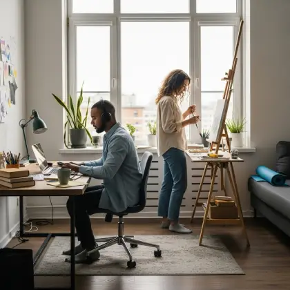 A man at a desk, and a woman painting by a window, sharing ideas and enjoying each other's company in a cozy space.