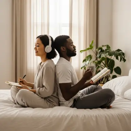 A couple, each reading a book on their bed, enjoying a cozy moment that reflects their shared love and personal space.