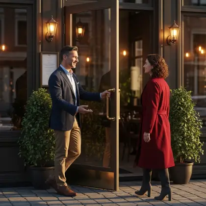 A man in a blue blazer holds the door open for a woman in a red coat outside a warmly lit, inviting restaurant.