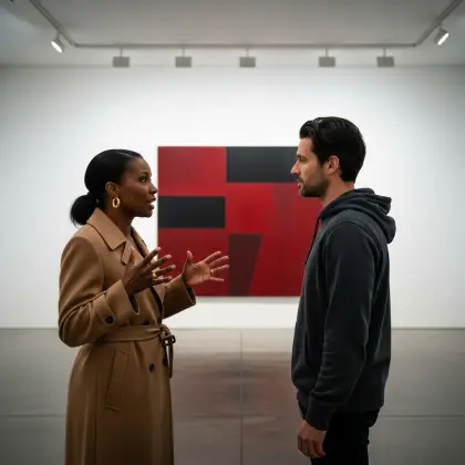 A man and woman converse in front of a painting, highlighting themes of relationships and the importance of being heard.