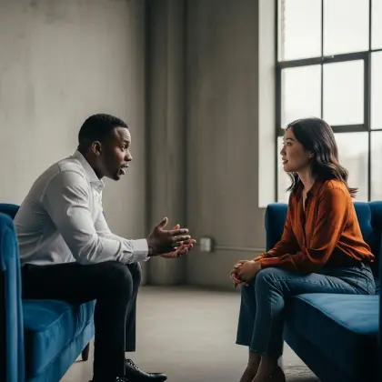 A man and woman on a couch, conversing, illustrating the importance of speaking and being heard in relationships.