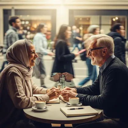 Two people hold hands across a cafe table, sharing coffee and focus as the busy city moves around them.