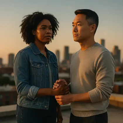 Hand in hand on a rooftop at sunset, two people face the city skyline—united, strong, and ready for what's ahead.