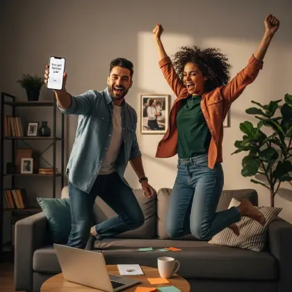 Two friends cheer in a cozy living room as one reads a “You got the job!” message—celebrating success side by side.