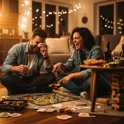 Two people laugh mid-game in a cozy living room, surrounded by snacks, string lights, and a half-built Jenga tower.
