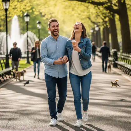 A couple walks arm-in-arm through a sunny park, smiling as she holds an ice cream—soaking in laughter and lightness.