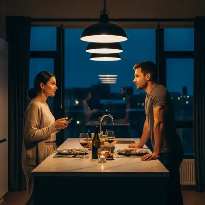 Two people share a quiet meal at night, their open posture and warm lighting reflecting honesty and connection