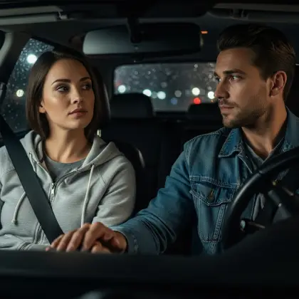 Two people sit in a car at night, with the driver holding the passenger's hand in a quiet moment of connection.