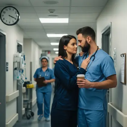 Two healthcare workers pause in a hospital hallway, sharing a quiet moment of presence, care, and human connection.