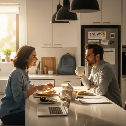 A couple shares breakfast in a modern kitchen, focused on each other—blending routine with meaningful presence.