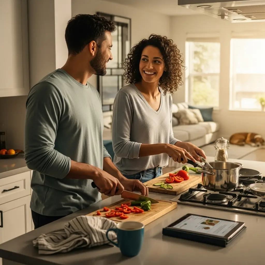 Two people cook side by side in a modern kitchen, following a tablet recipe and chopping vegetables with focus and ease.
