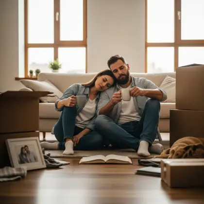 A couple relaxes on the floor among moving boxes, sipping coffee—building a new life, grounded in true love and togetherness.